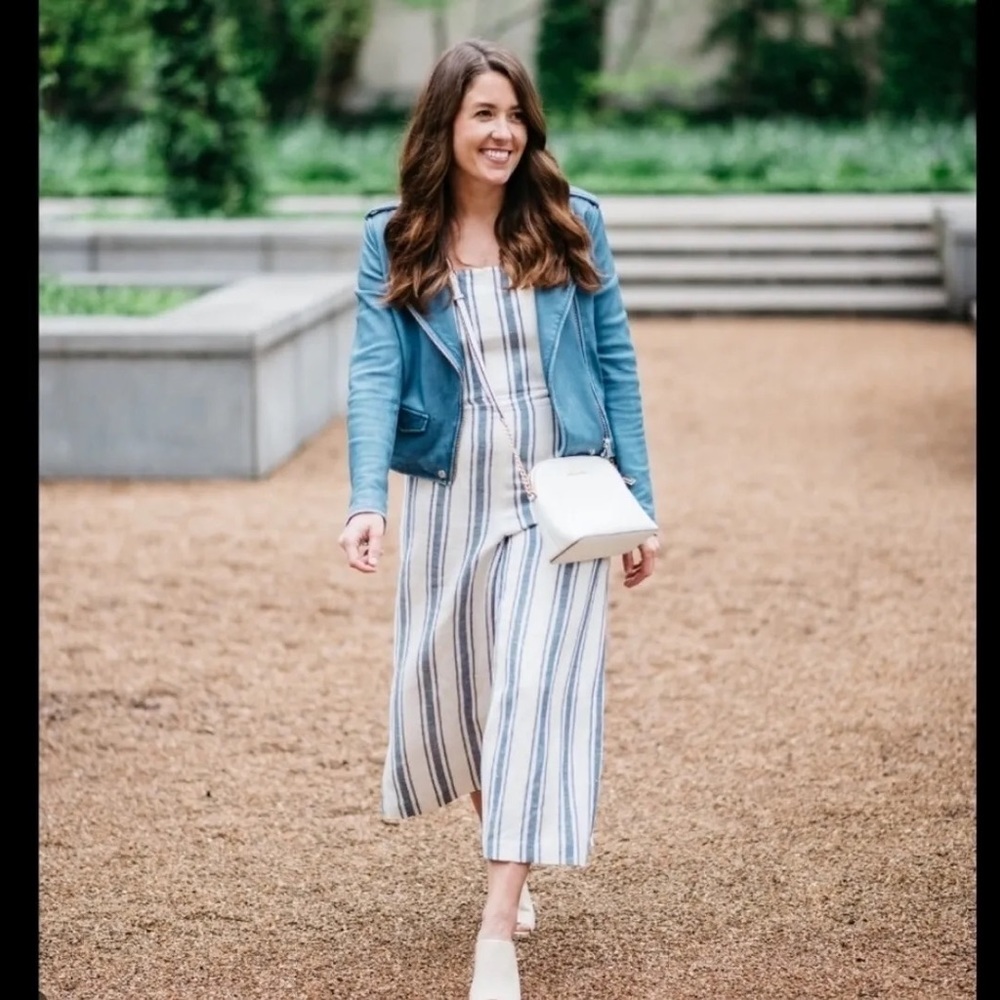 Blue and white striped jumpsuit